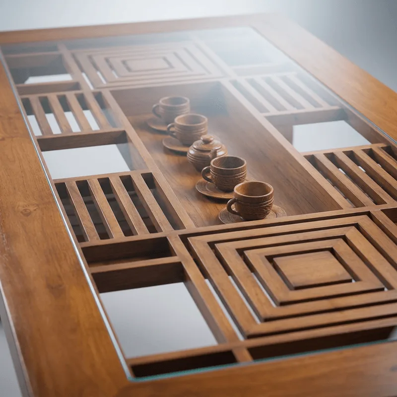 Teak Tray Glass Dining Table thumbnail 2